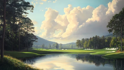 Sunlit fairway drifts toward clouds over a mirrored lake