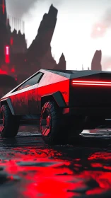 Neon stormtruck prowls through a molten cyberpunk wasteland