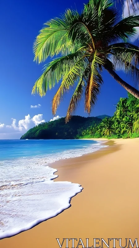Tropical Beach Paradise: Palm Fronds Frame Pristine Turquoise Shoreline.