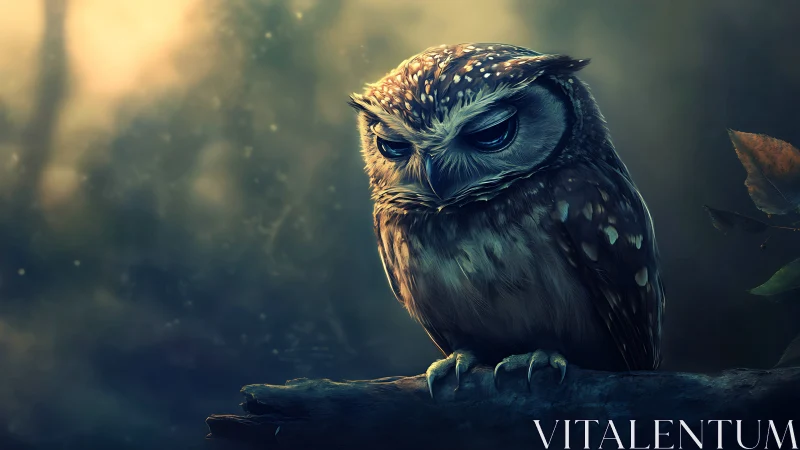 Melancholic owl perched on branch in dreamy, soft-lit digital art.