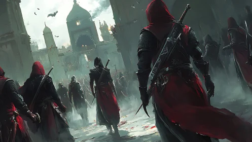 Scarlet cloaked warriors stride toward a stormy city gate
