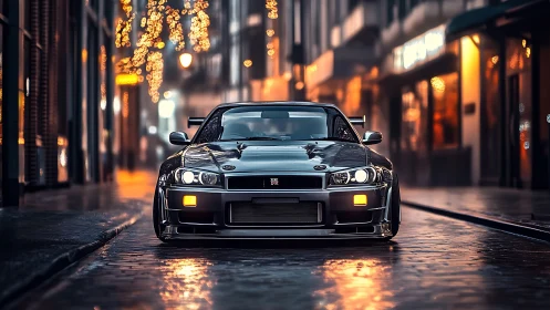 Midnight street skyline frames a tuned sports car stance.