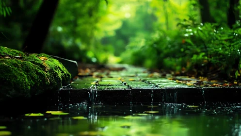 Shallow depth captures mossy stone channel with micro waterfalls