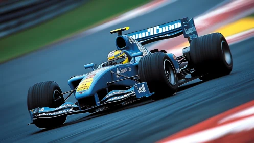 High-downforce blue Formula car in apex-loaded cornering dynamics.