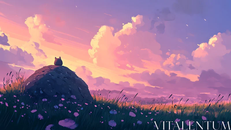Cat watches glowing clouds above twilight flower field.