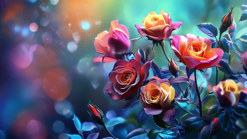 Vibrant digitally-rendered roses with luminescent gradient backdrop and bokeh lighting effects