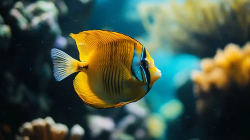 Yellow reef butterflyfish in shallow coral reef, side profile