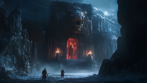 Frozen maw gateway and crimson warlord in stormed ruin.