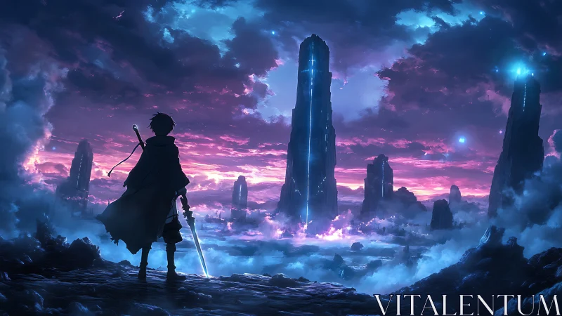 Lone swordsman facing glowing monoliths at twilight.