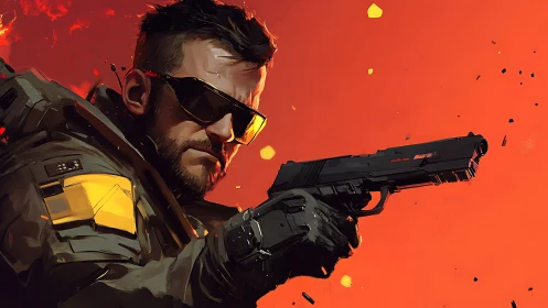 Tactical operator with sidearm in stylized high-contrast combat lighting