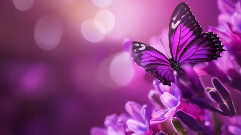 Purple butterfly on flowers with soft pink bokeh light.