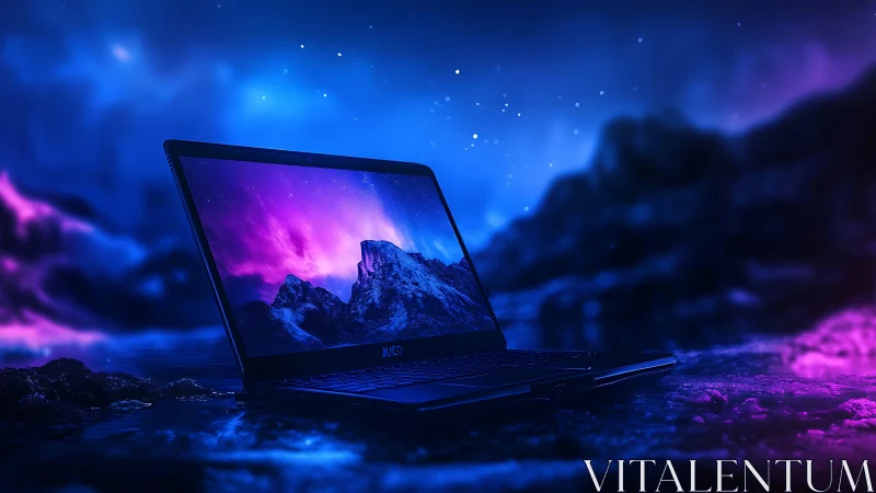 Laptop on reflective surface with neon night landscape screen.