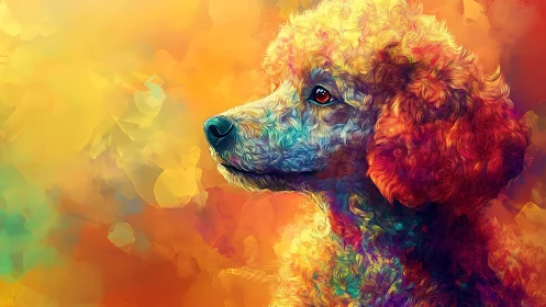 Color-swirled poodle portrait glows in radiant abstract light.