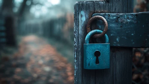 Corroded blue padlock secures weathered gate in shallow focus