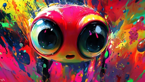 Large-eyed abstract creature amid dense color splashes.