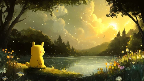 Gentle yellow friend daydreaming by a glowing riverside.