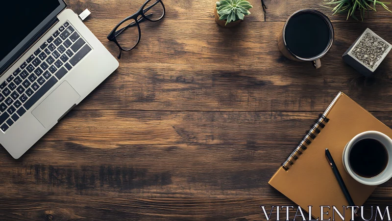 Laptop, coffee cups and notebook on rustic wooden desk.