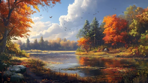 Golden autumn lake reflecting warm, colorful woodland calm.