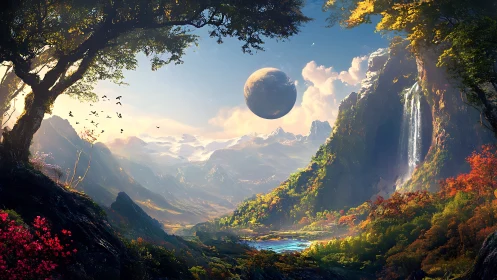 Twin-moon valley dreams beneath cascading crystal waterfalls.