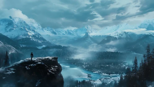 Lone figure overlooking misty river valley and peaks.