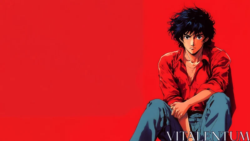 Solitary anime hero against a bold crimson silence.