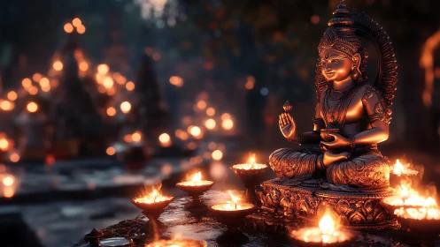 Bronze goddess statue amid glowing oil lamps at dusk.