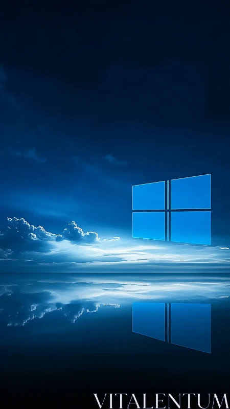 Calm blue horizon with glowing digital window reflection.
