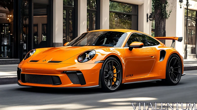 Orange sports coupe parked on city street in daylight.