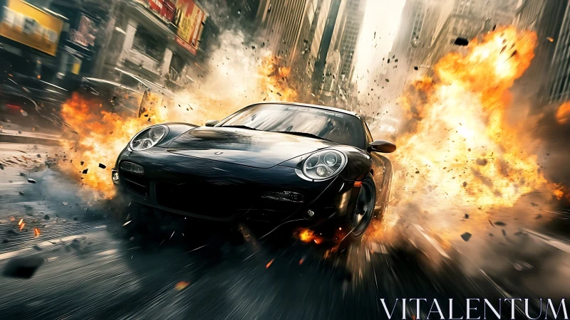 Sleek black sports car racing through a fiery city escape.