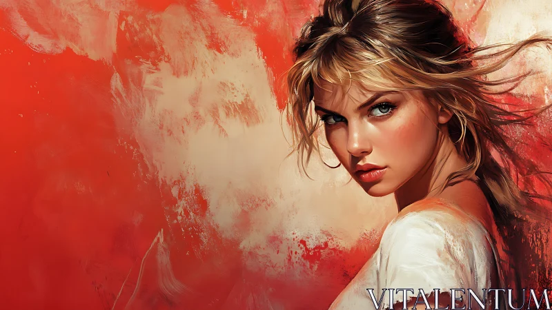 Digital portrait study with expressive red painterly backdrop.