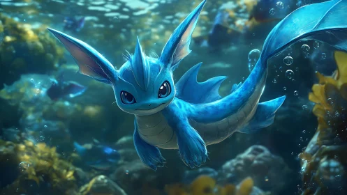 Blue aquatic creature swims through luminous reef water