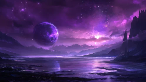 Nebular-lit alien shoreline with luminous gas giant reflection