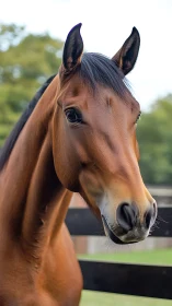 Velvet-nosed bay horse posing softly by the paddock rail.