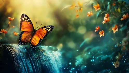 Vibrant Monarch Butterfly on Waterfall Edge in Dreamy Fantasy Art.