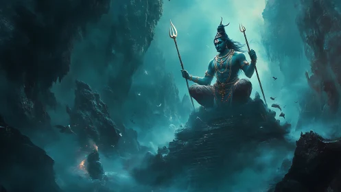 Blue-skinned deity sits with tridents in misty rocky canyon