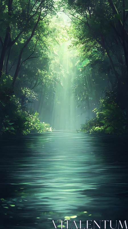 Luminous Forest River. Emerald Depths Beneath Cathedral Canopy.