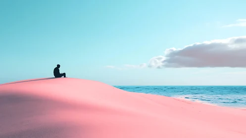 Solitary silhouette studies pastel dunes under cyan maritime sky