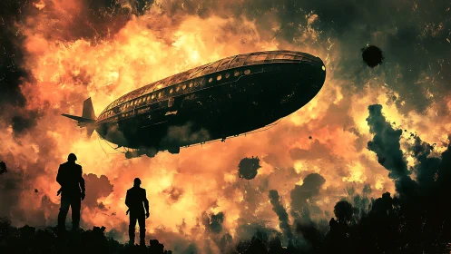Dirigible airship crossing apocalyptic firestorm sky at dusk