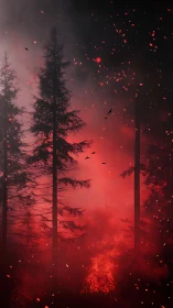 Forest Ablaze in Red Embers and Smoke.