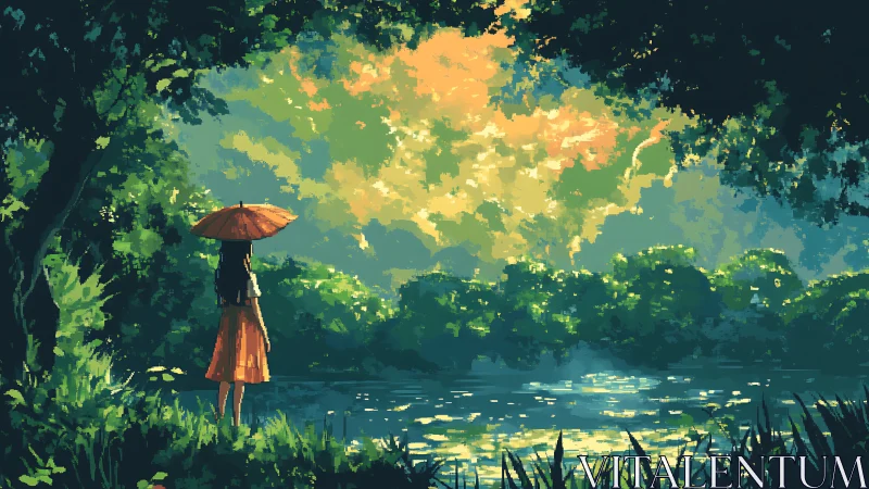 Girl with orange umbrella by luminous riverside forest.