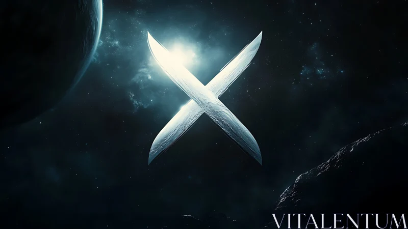 Metallic X symbol in deep space with planetary forms.