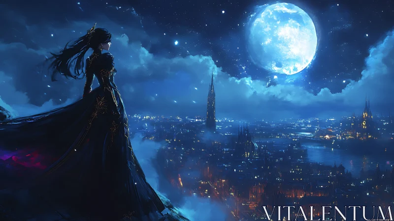 Lone dark-clad figure overlooking luminous moonlit cityscape