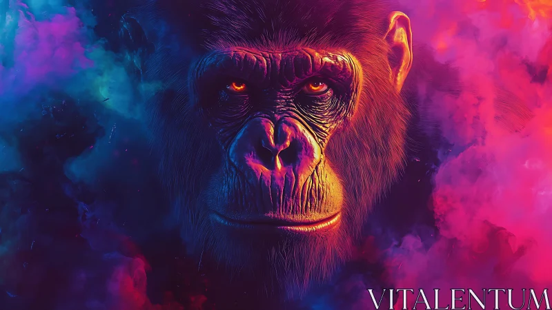 Neon primate portrait in dual-tone vaporwave chromatic haze.