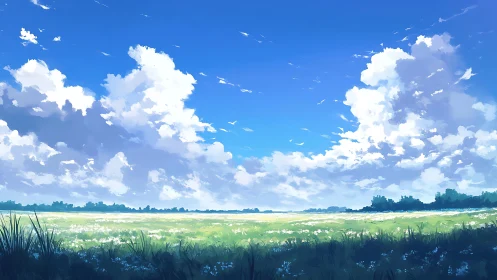 Sunlit meadow stretches beneath towering summer clouds.