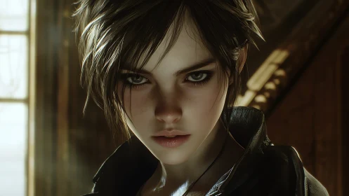 Cinematic close-up of intense short-haired girl in leather.