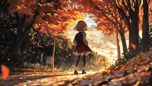 Schoolgirl on tree-lined path under orange autumn foliage.