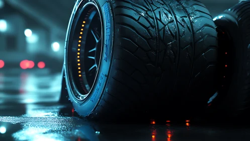 Performance tire closeup shows wet tread detail in neon light