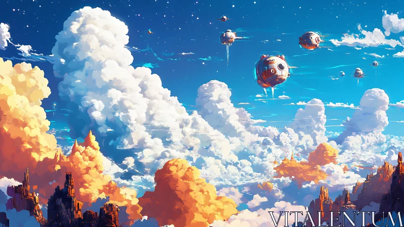 Spherical drones move through towering clouds above rocky spires