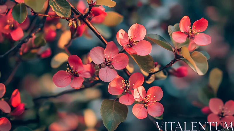 Coral Blossoms in Golden Light Against Soft Background.