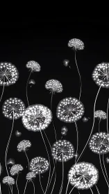 Dandelion Seed Heads Against Black Background.
